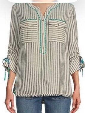 John Mark Cream and Teal Striped V-Neck Tunic